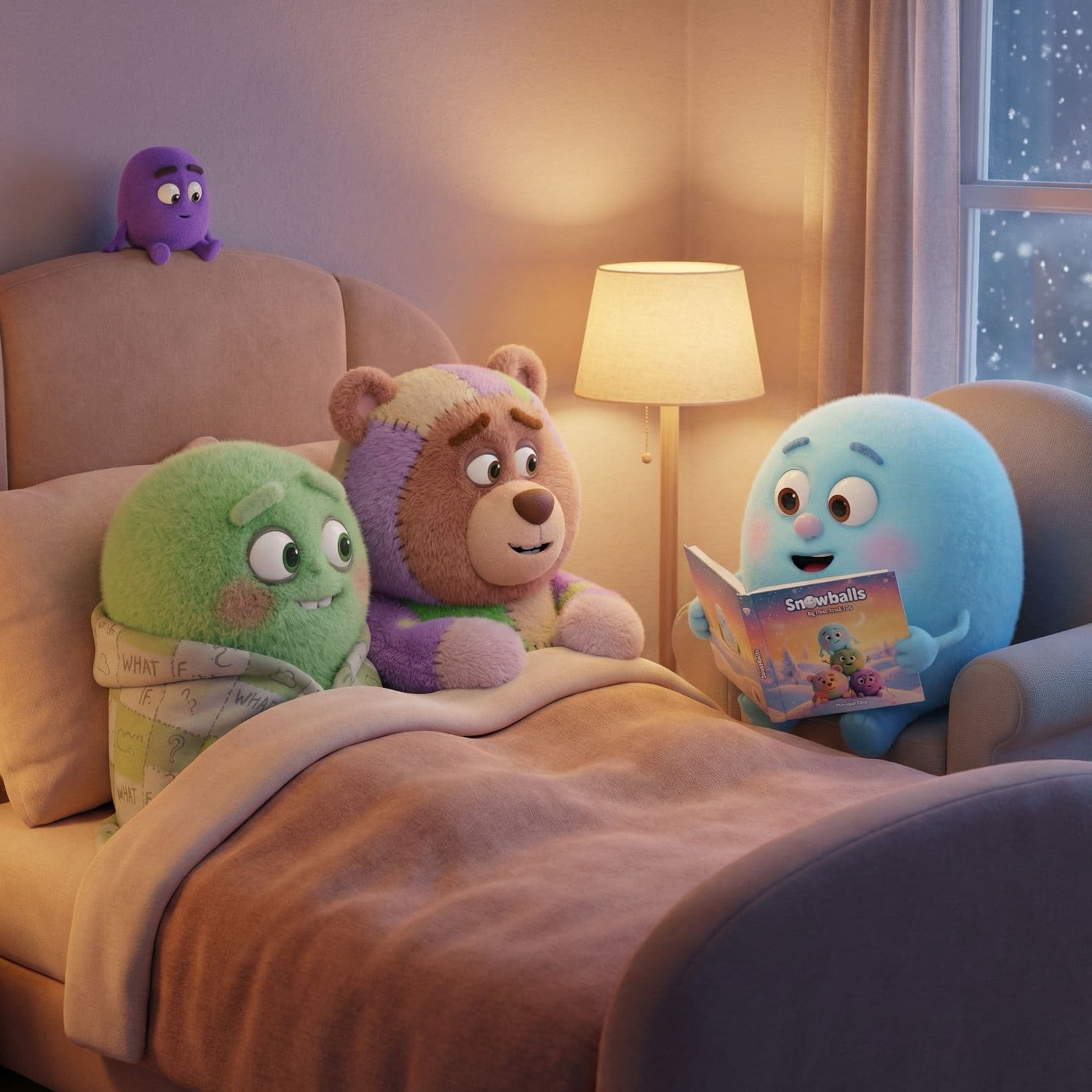 Snowballs characters reading at bedtime
